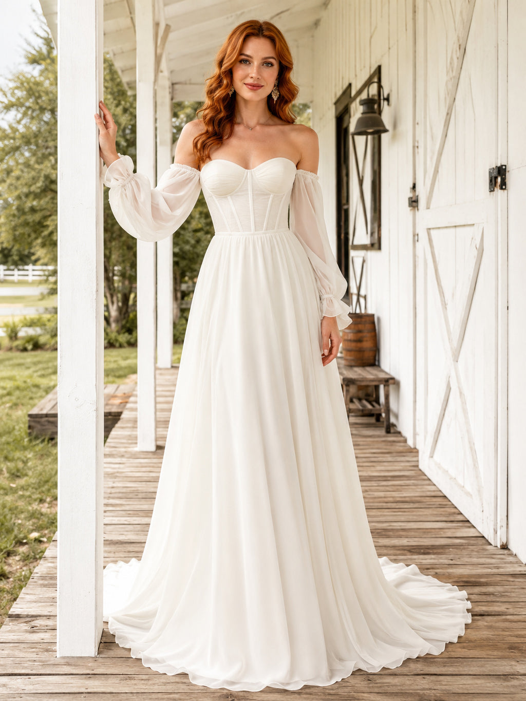 Western Off-Shoulder Corset Poet Sleeve Chiffon A-Line Sweep Wedding Dress front view