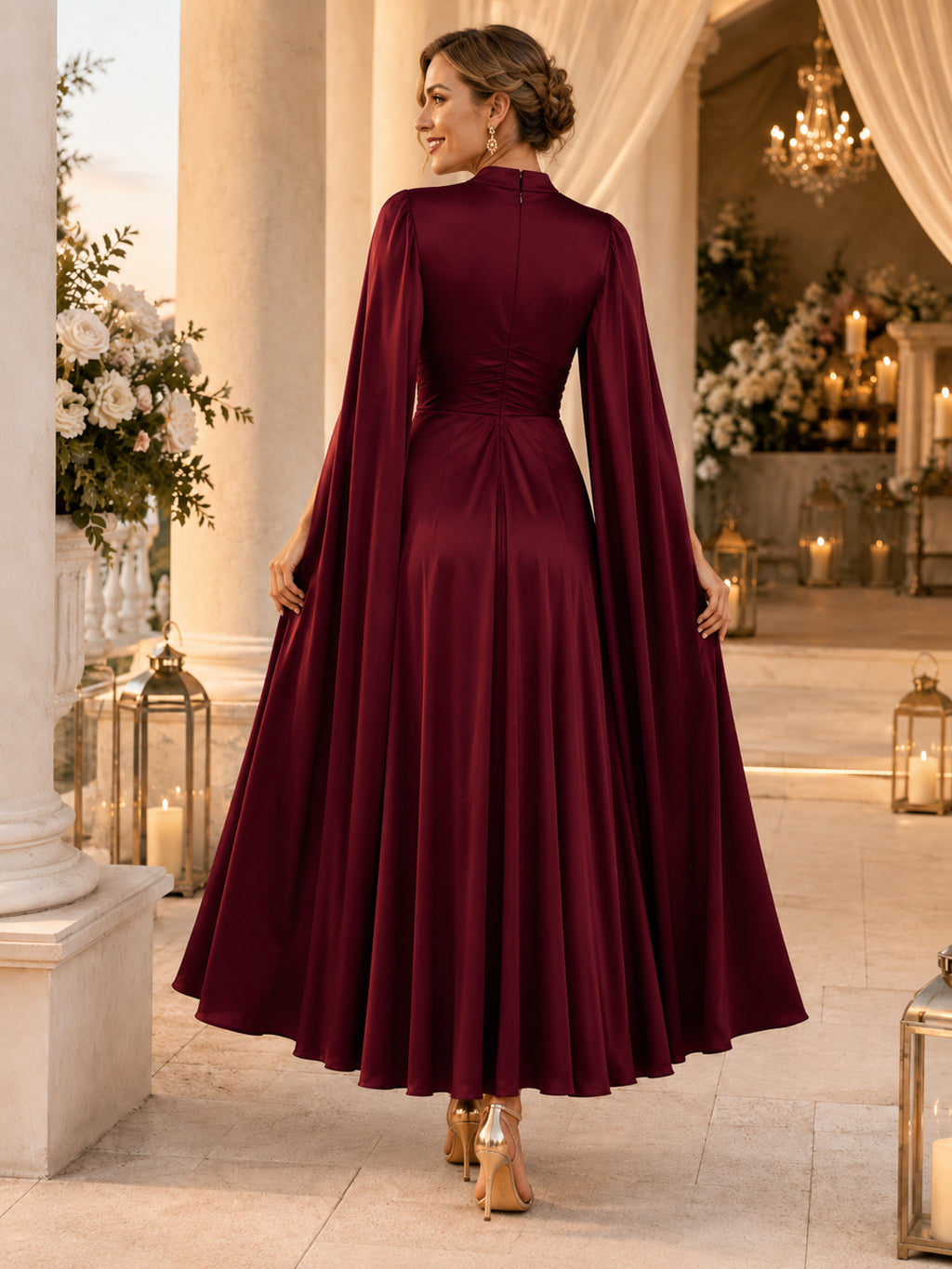Burgundy Sweetheart Satin A Line Ankle Cape Formal Guest Dress back view