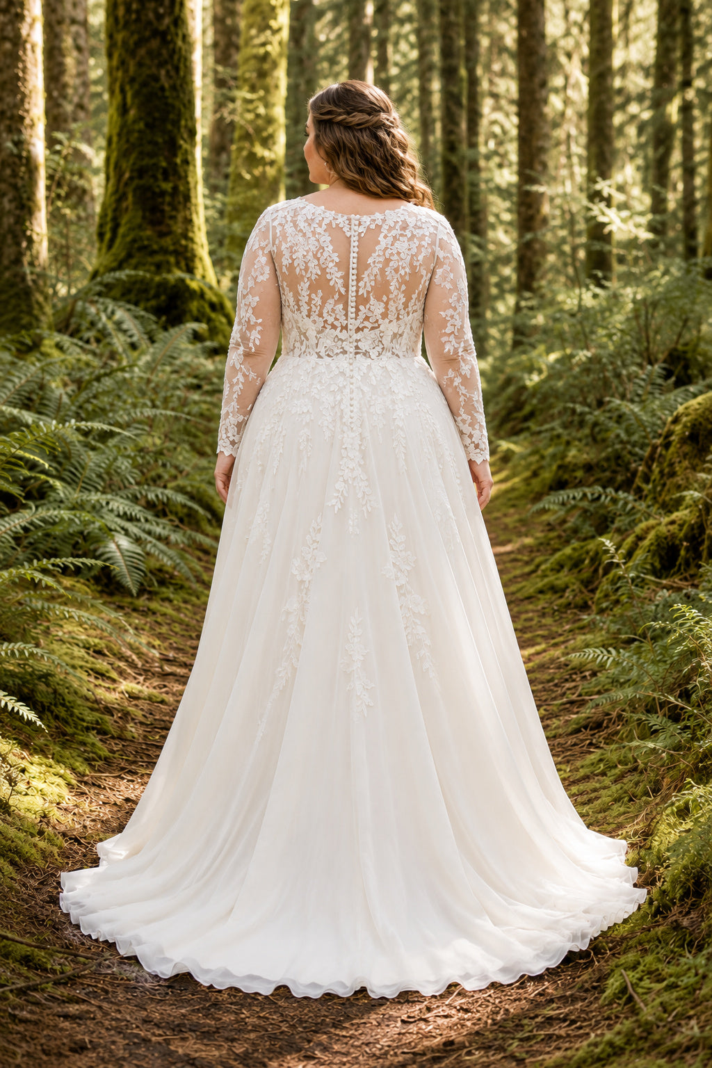 Ivory Plus Size V-Neck Long Sleeve Lace A-Line Wedding Dress with Woodland Boho Train back view