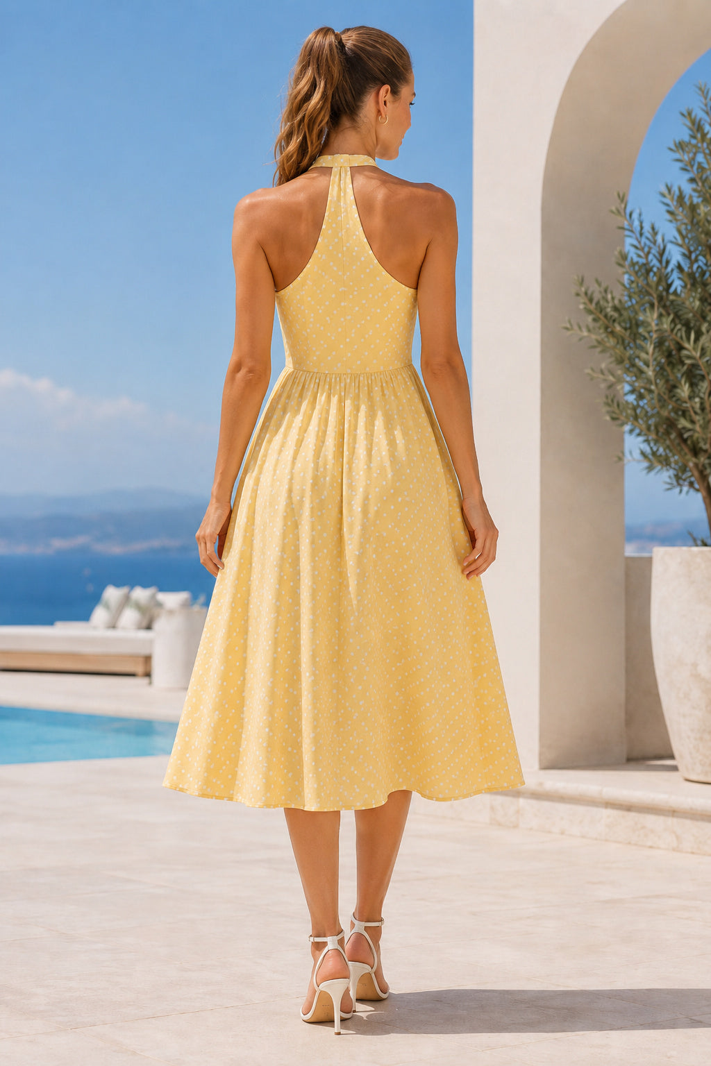 Wedding Guest Dress Daffodil Chiffon A-Line Halter Sleeveless Tea Length back view