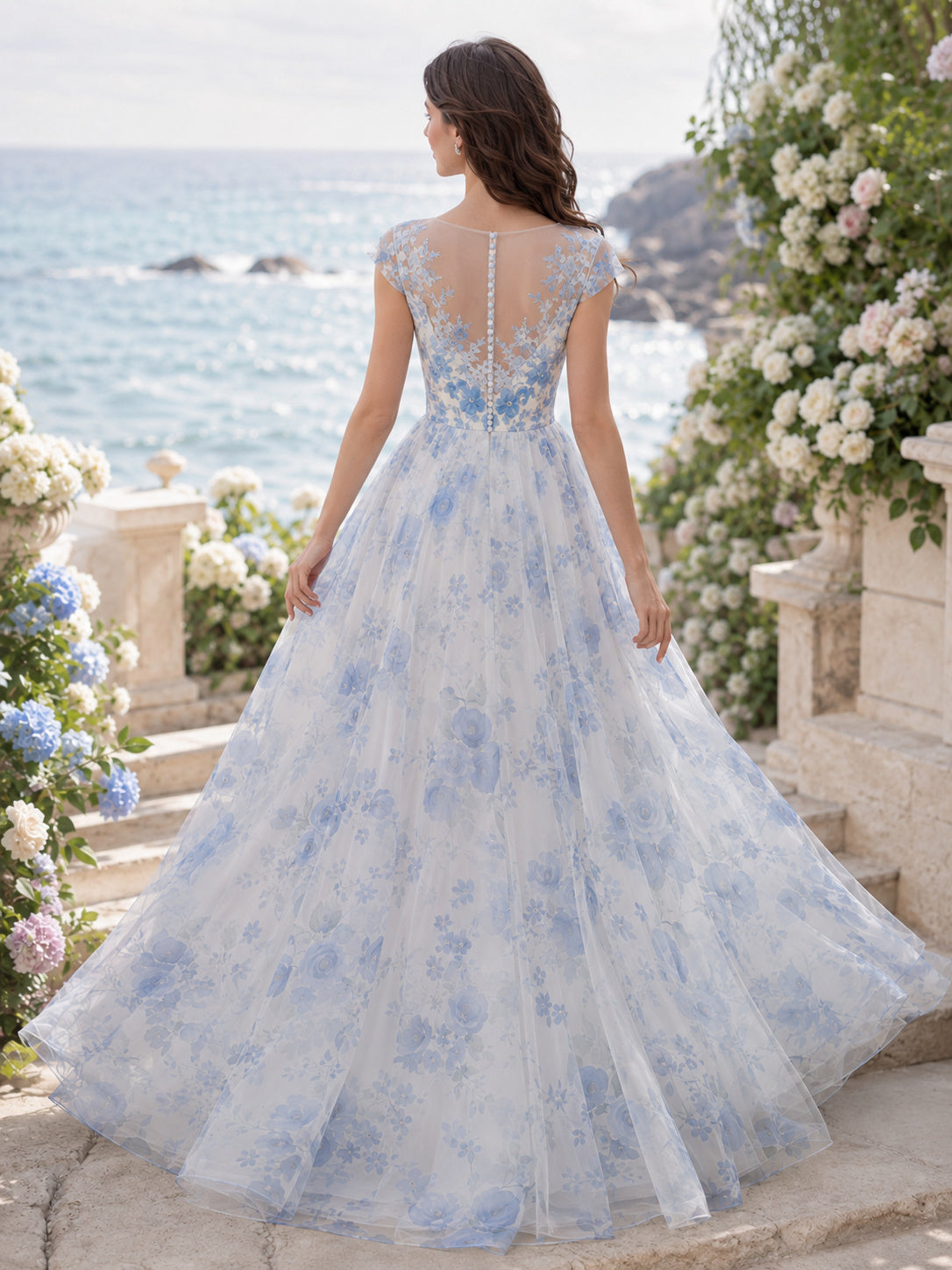 Blue Floral Illusion Cap Sleeve Organza A Line Wedding Dress back view