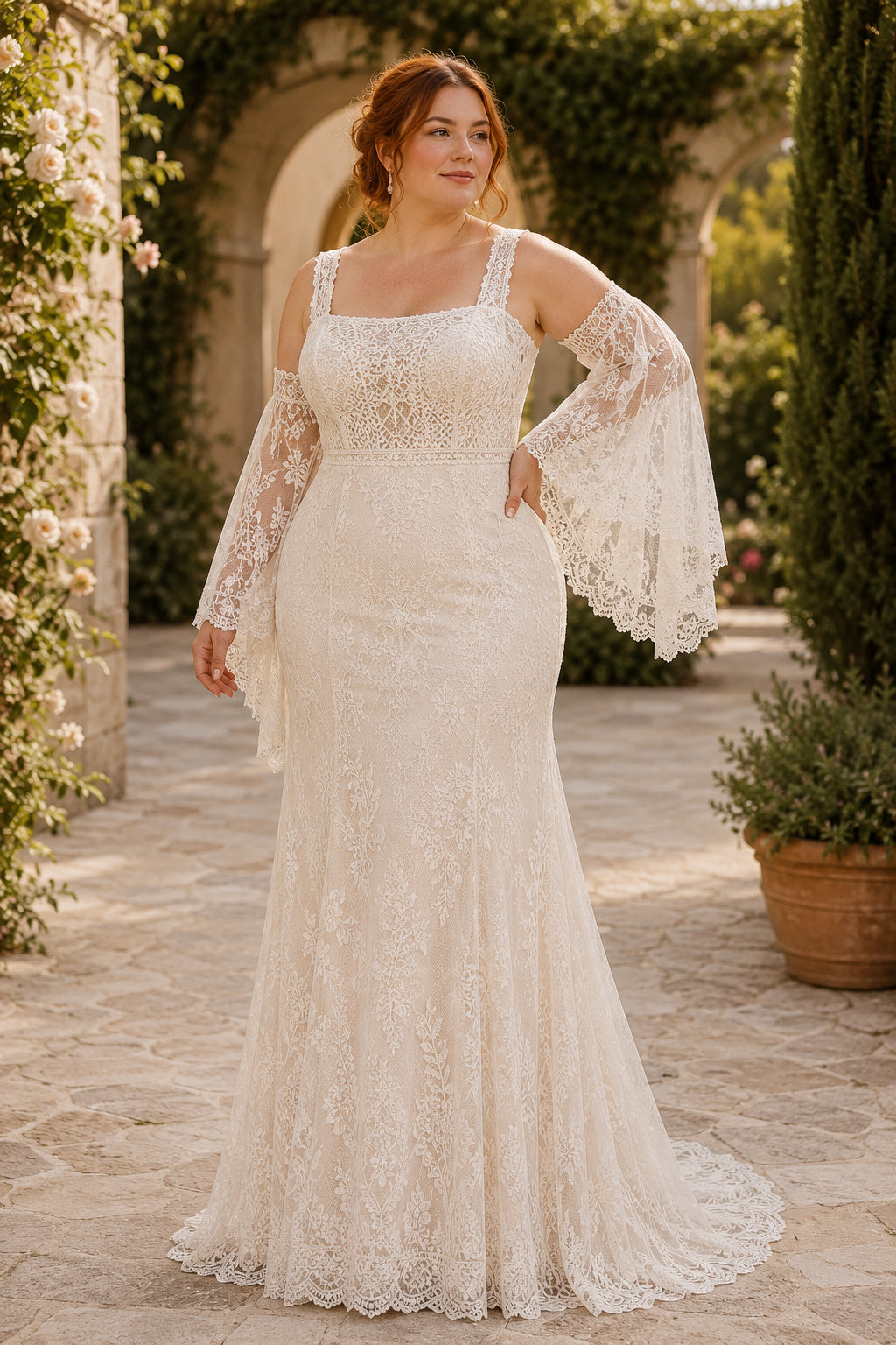Plus Size Ivory Square Neck Strap Bell Sleeve Lace Tulle Mermaid Wedding Dress with Bell Sleeves and Fitted Lace Train front