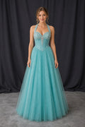 Aqua V-neck Spaghetti Strap A-Line Tulle Floor-Length Dress With Back Bow