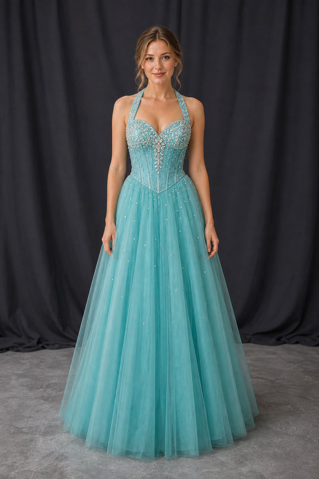 Aqua V-neck Spaghetti Strap A-Line Tulle Floor-Length Dress With Back Bow