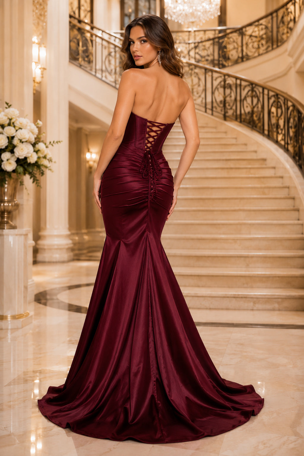 Burgundy Strapless Satin Mermaid Prom Dress with Lace-Up Corset Back and High Slit back view
