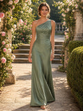 Sage Rose Garden Sheath Satin Bridesmaid Dress with Sleeveless One-Shoulder Bodice, Ruched Floor-Length Skirt and Low V Back
