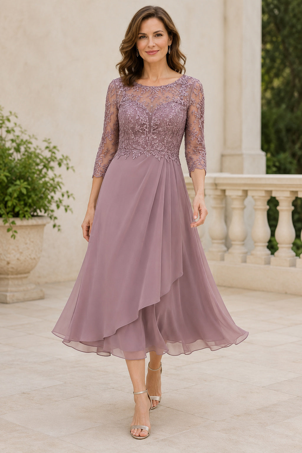 Dusty Rose Three-Quarter Sleeve Lace Tea-Length Mother of the Bride Dress front view