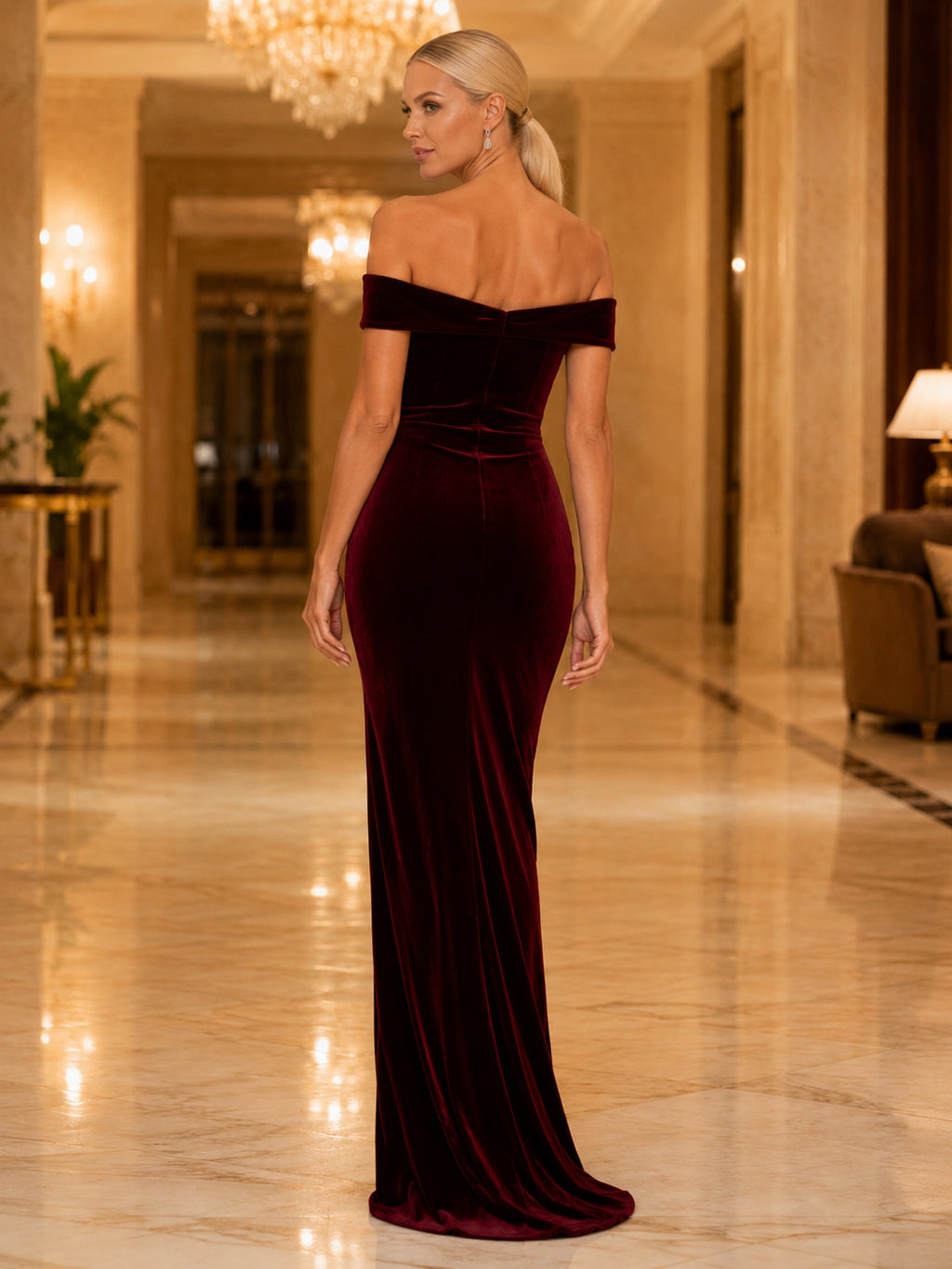 Burgundy Off Shoulder Velvet Mermaid Evening Dress back view