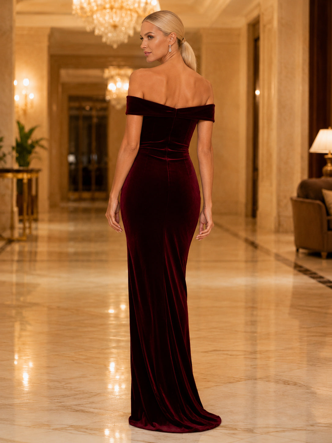 Burgundy Off Shoulder Velvet Mermaid Evening Dress back view