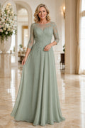 Sage V-Neck Chiffon A-Line Mother Dress with Lace Three Quarter Sleeves front view
