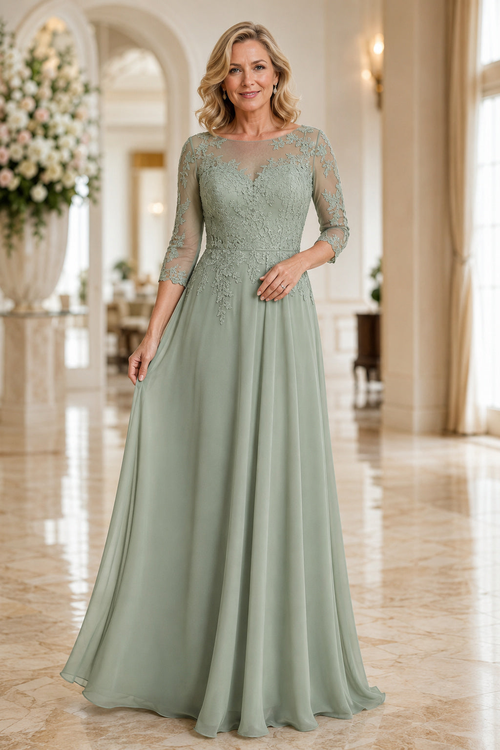 Sage V-Neck Chiffon A-Line Mother Dress with Lace Three Quarter Sleeves front view