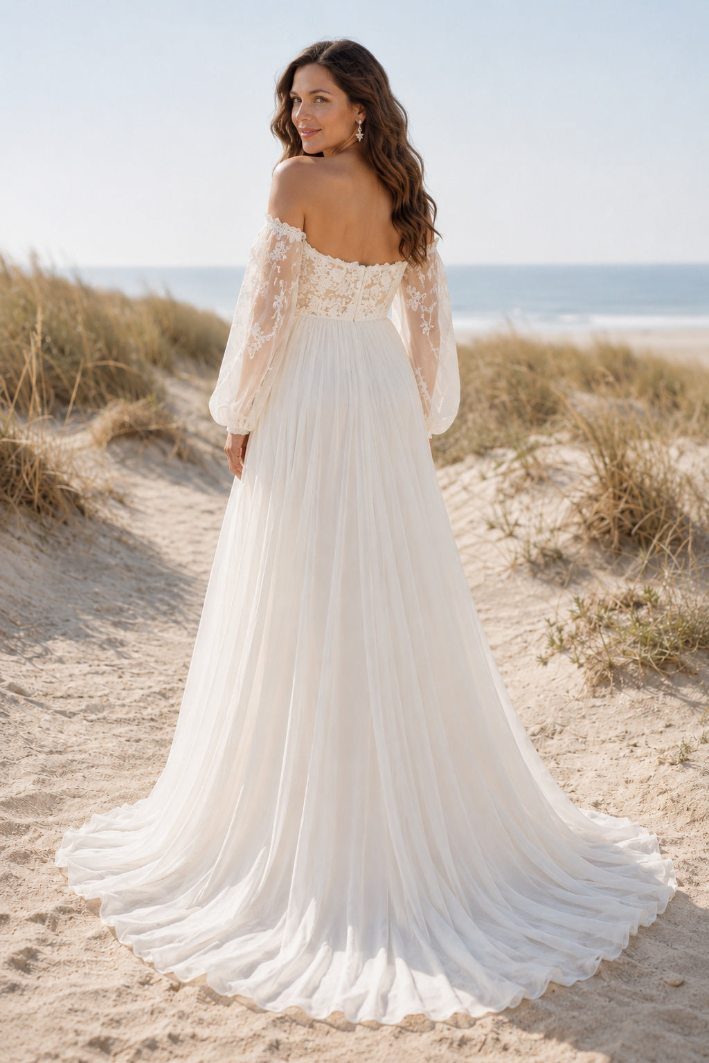 Ivory Maternity Off-the-Shoulder Long Sleeve Chiffon A-Line Wedding Dress with Train back view