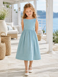 Simple Casual Flower Girl Dress Square Neck Sleeveless Mist Blue Linen Knee Length Gathered front view