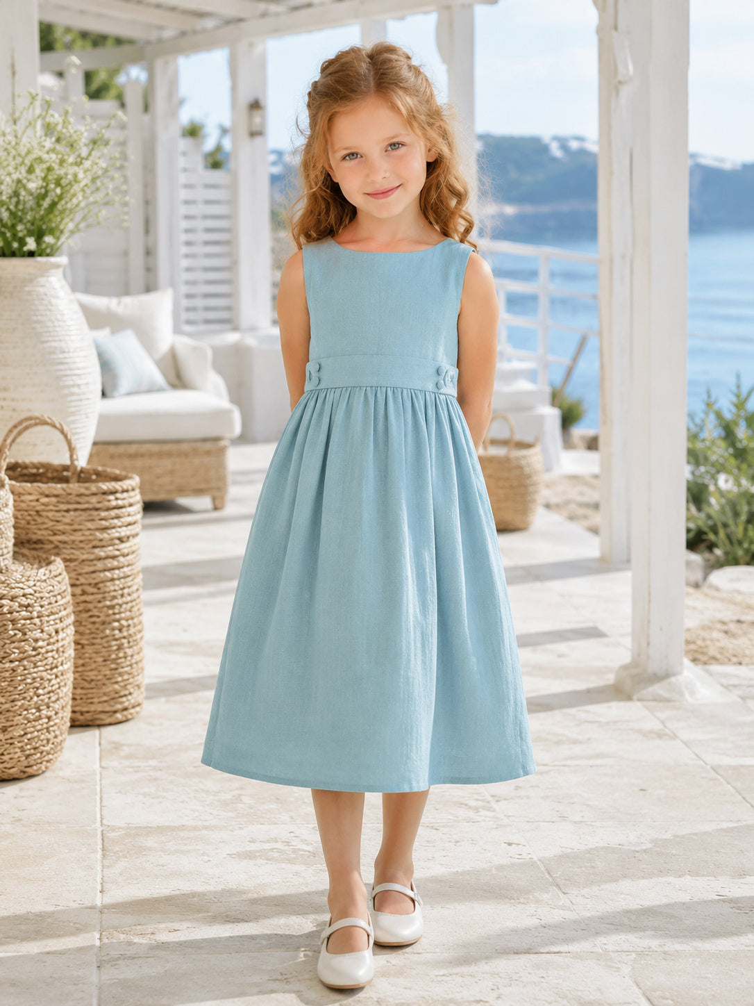 Simple Casual Flower Girl Dress Square Neck Sleeveless Mist Blue Linen Knee Length Gathered front view