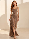 Taupe Cowl Neck Satin Slip Slit Dress front view