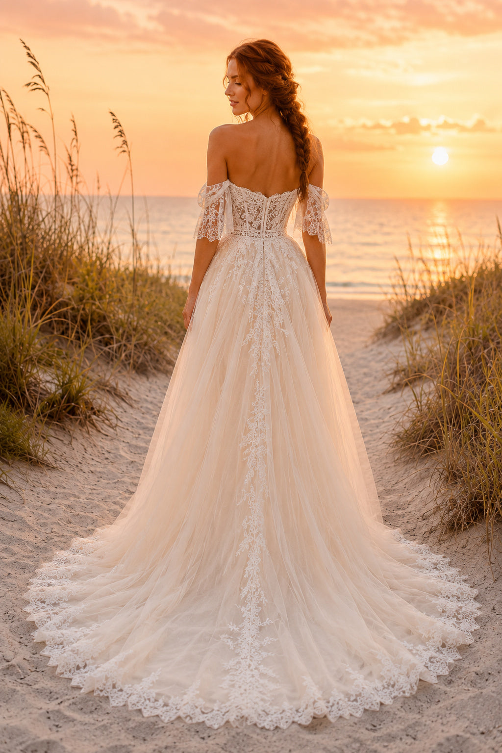 Ivory Off Shoulder Lace Half Sleeve A-Line Wedding Dress Chapel Train for Bridal Ceremony and Reception back view