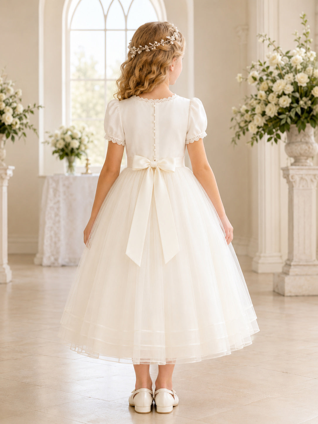 Ivory Round Neck Puff Sleeve Layered Tulle Communion Dress back view