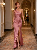 Dusty Rose One Shoulder Satin Sheath Gown With Slit front view