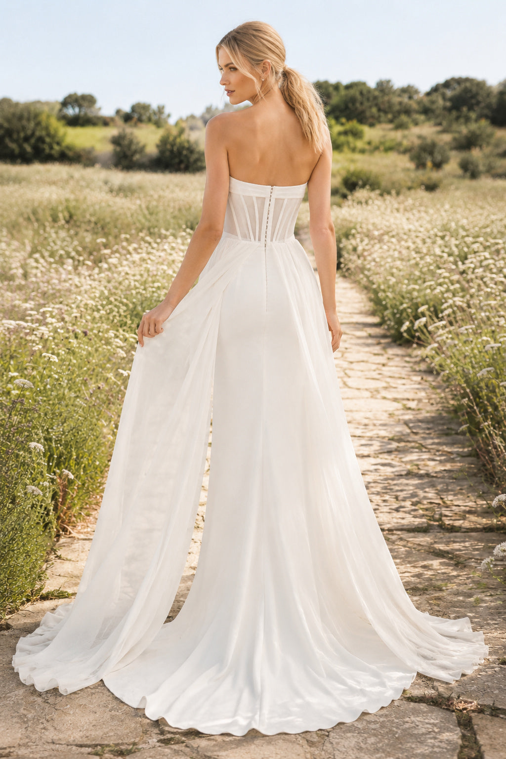 Tulle Wedding Dress A-Line Strapless Sweetheart Sweep Train Bridal Gown back view