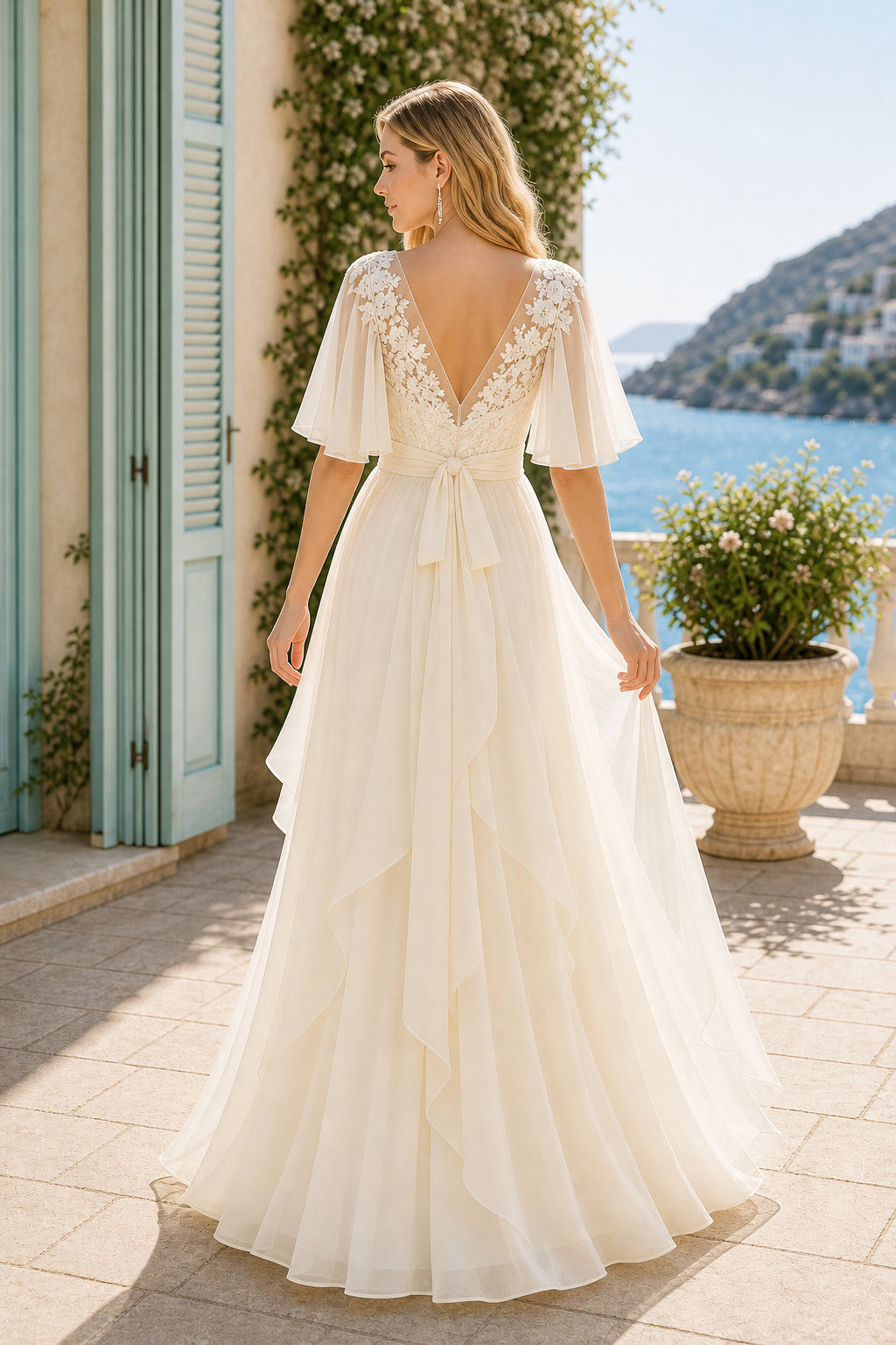 Ivory V-neck Flutter Sleeves A-Line Chiffon Floor-length Wedding Dress With Ruffles and Train and Open Back