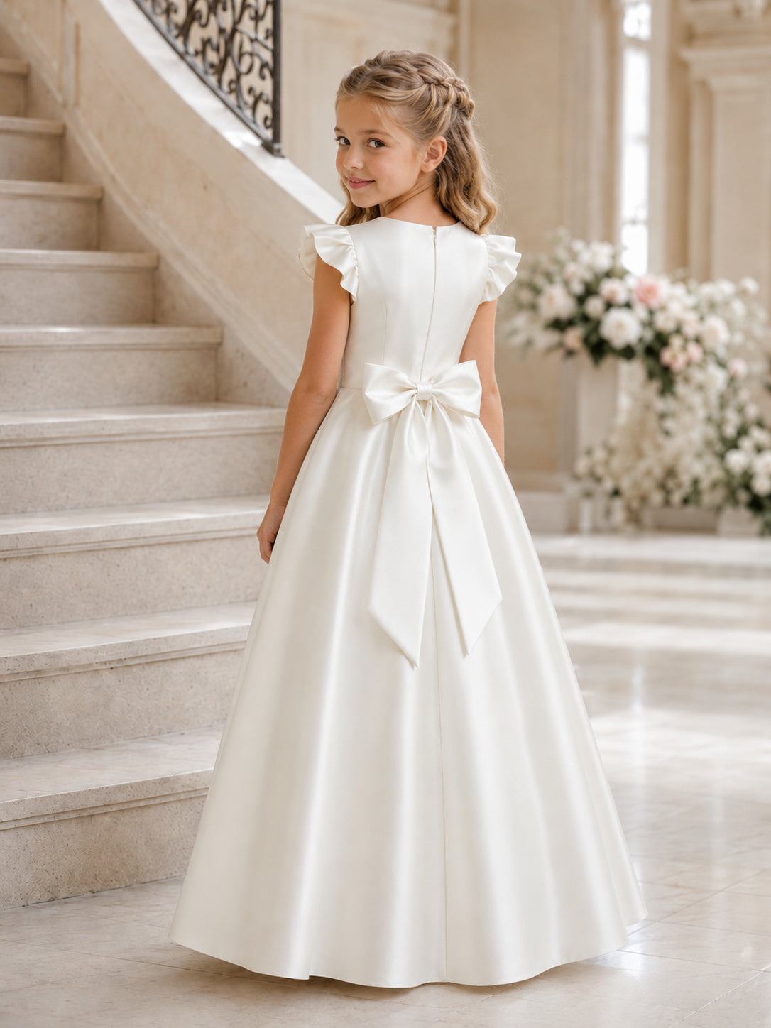 Flower Girl Dress Ivory Satin A-Line Cap Sleeve Jewel Neck Floor Length Bow Back back view