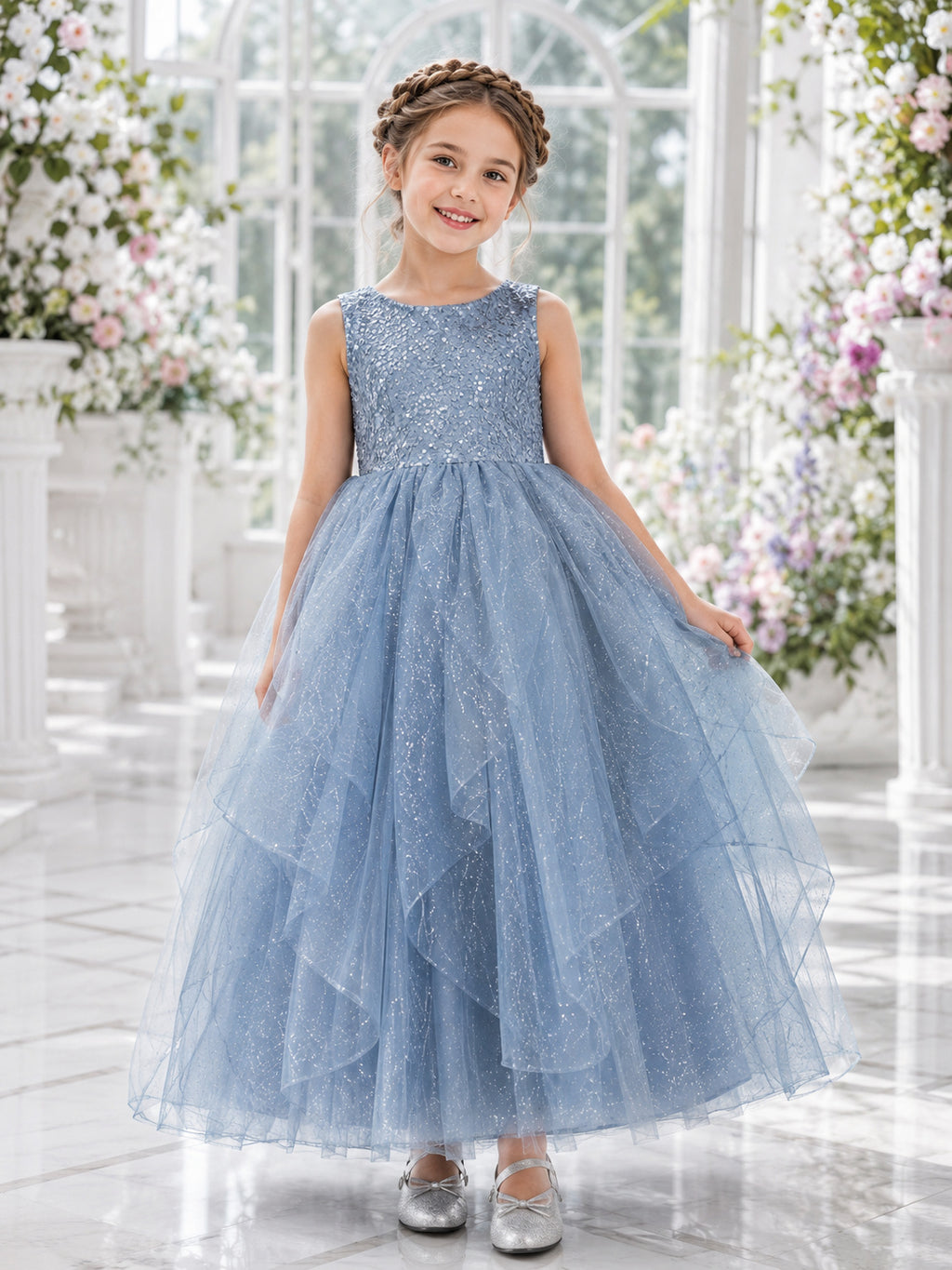 Flower Girl Dress Sky Blue Tulle A-Line Jewel Ankle length Tiered Skirt front view