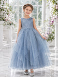 Flower Girl Dress Sky Blue Tulle A-Line Jewel Ankle length Tiered Skirt front view