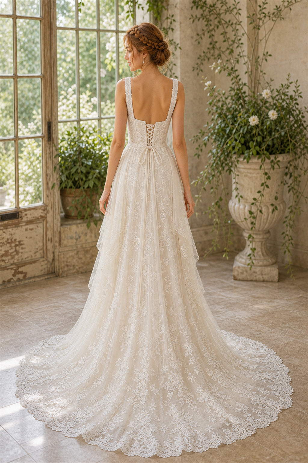 White Square A-Line Lace Floor-length Wedding Dress With Lace and Train and Open Back