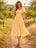 Yellow Gingham Square Neck Puff Sleeve Country Midi Dress front view