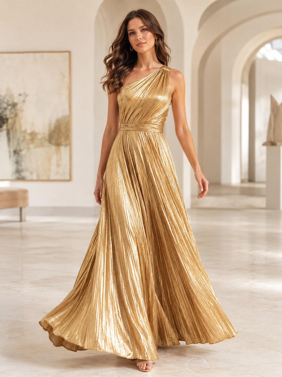 Gold Metallic One Shoulder A Line Formal Dress front view