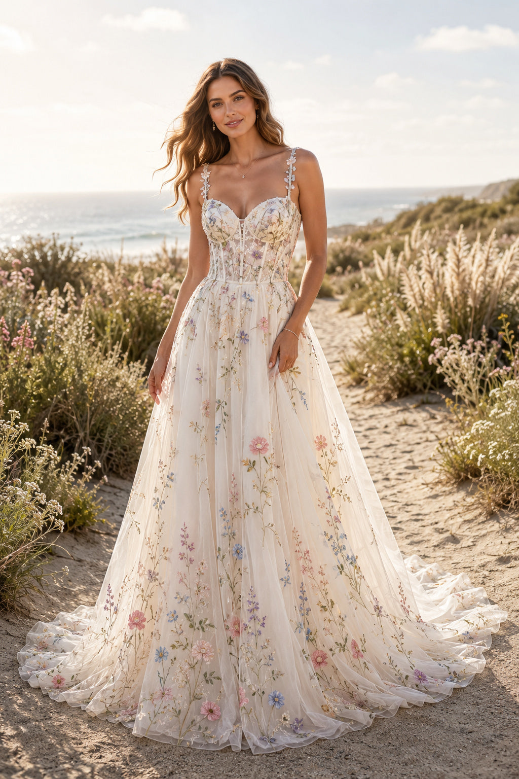 Ivory Spaghetti Strap Floral Embroidered A-Line Wedding Dress with Low Back front view