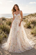 Ivory Spaghetti Strap Floral Embroidered A-Line Wedding Dress with Low Back front view