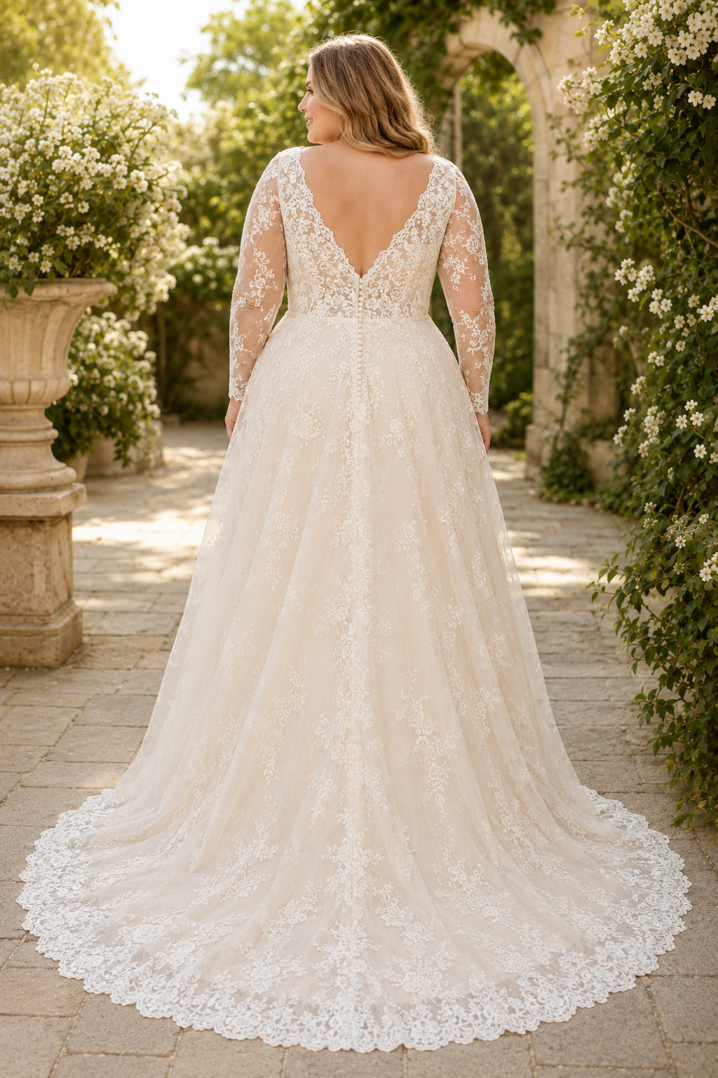 Plus Size Ivory V-Neck Long Illusion Sleeve Lace Tulle A-Line Wedding Dress with Long Illusion Sleeves and Lace Chapel Train