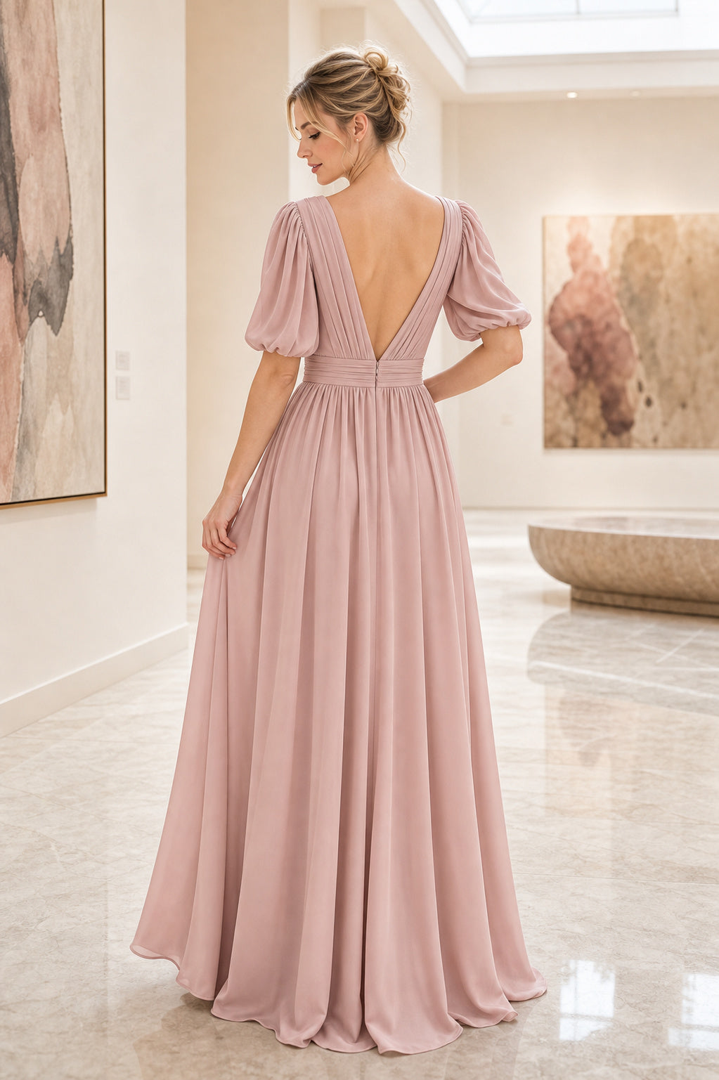 Dusty Rose V-neck Flutter Sleeves A-Line Chiffon Floor-length Formal Dress With Ruching and Open Back