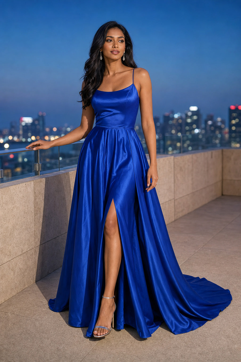Royal Blue Spaghetti Strap A-Line Satin Floor-Length Dress With Front Slit and Criss-Cross Back
