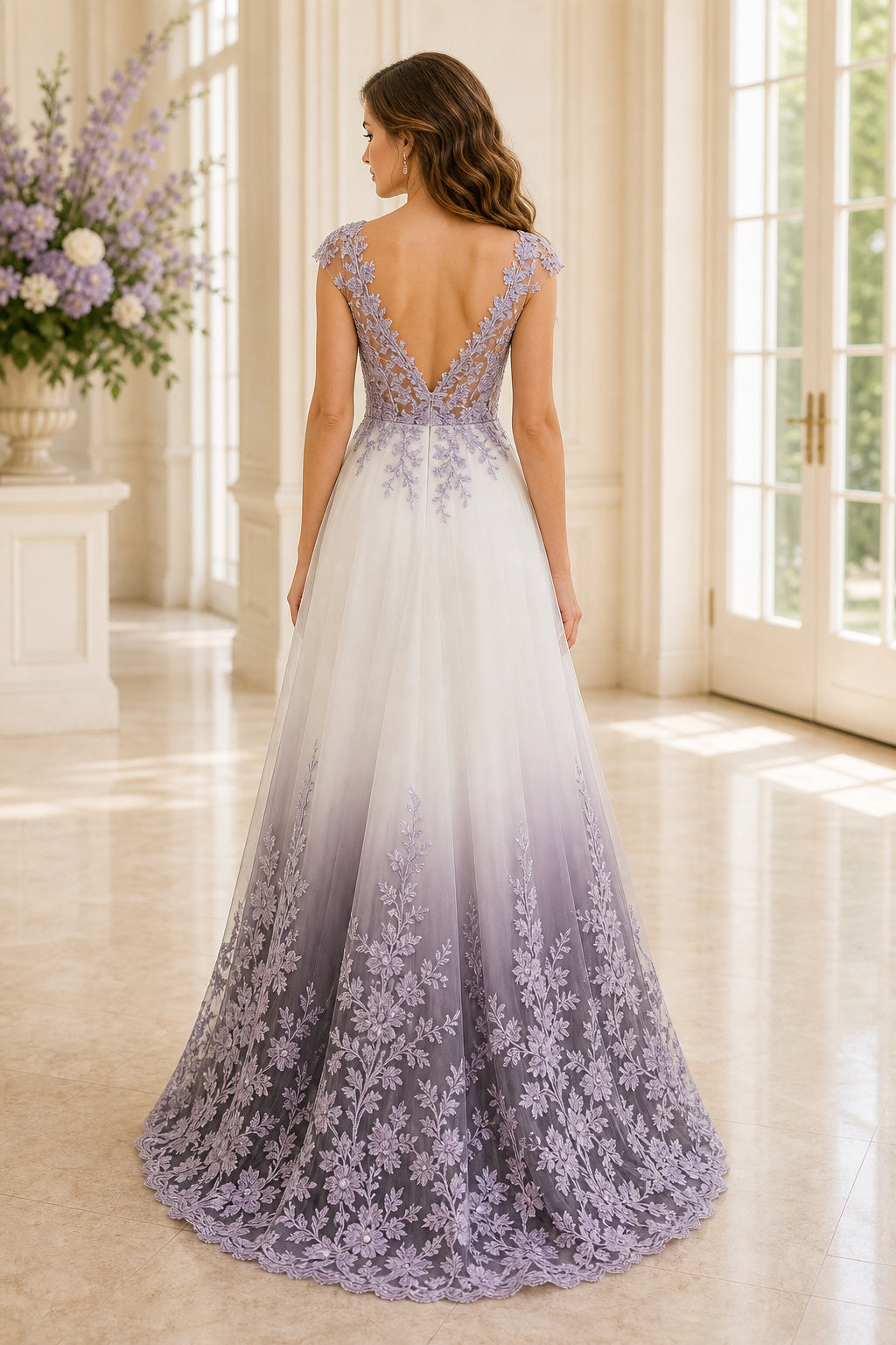 Lavender V-neck Sleeveless A-Line Tulle Floor-Length Dress With Ombre Lace Appliques