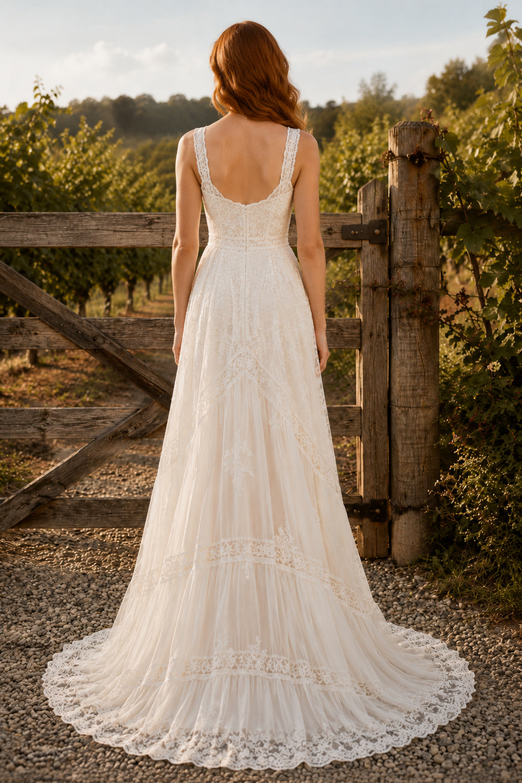 Square Neck Strap A-Line Wedding Dress with Tiered Lace Skirt and Sweep Train for Beach Garden Ceremony back view