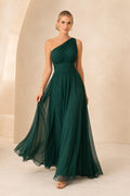 Dark Green one shoulder chiffon A line dress with pleated bodice and soft flowing skirt Floor-length A-Line Bridesmaid Dress
