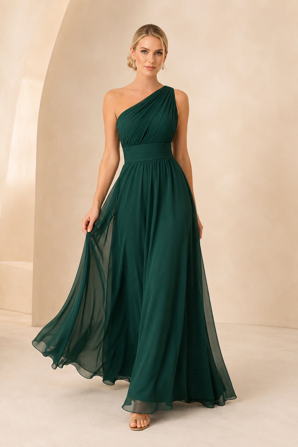 Dark Green one shoulder chiffon A line dress with pleated bodice and soft flowing skirt Floor-length A-Line Bridesmaid Dress