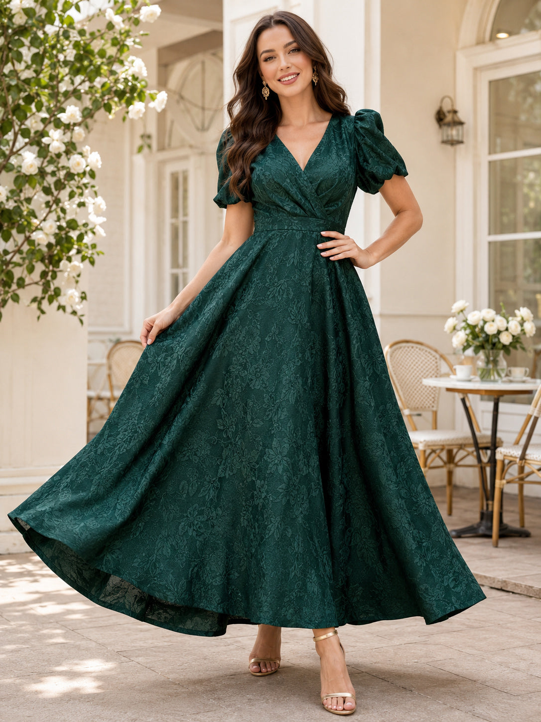 Dark Green V Neck Puff Sleeve Jacquard A Line Guest Dress front view