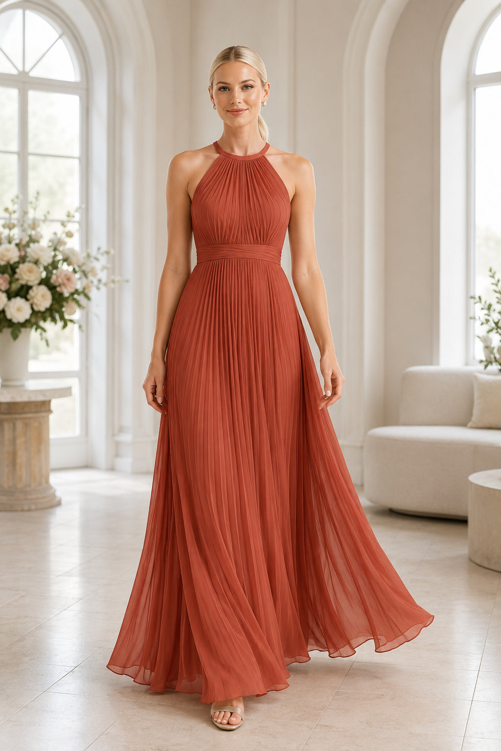 Orange Halter Chiffon A-Line Bridesmaid Dress with Pleated High Neck and Open Back front view