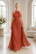 Orange Halter Chiffon A-Line Bridesmaid Dress with Pleated High Neck and Open Back front view
