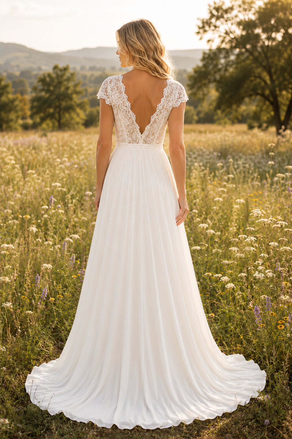 Cap Sleeve V-Neck A-Line Wedding Dress with Lace Bodice and Chiffon Sweep Train for Beach Garden Ceremony back view