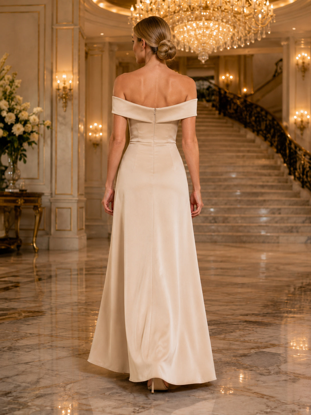 Champagne Off Shoulder Satin Hotel Event Gown back view