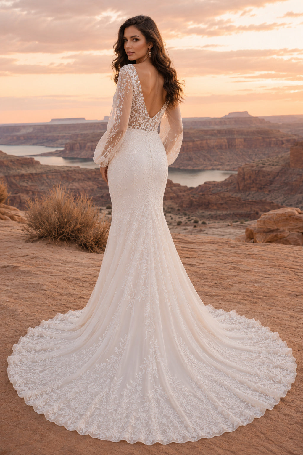 Champagne Sexy V-Neck Mermaid Champagne Lace Satin Wedding Dress with Long Poet Sleeves and Chapel Train back view