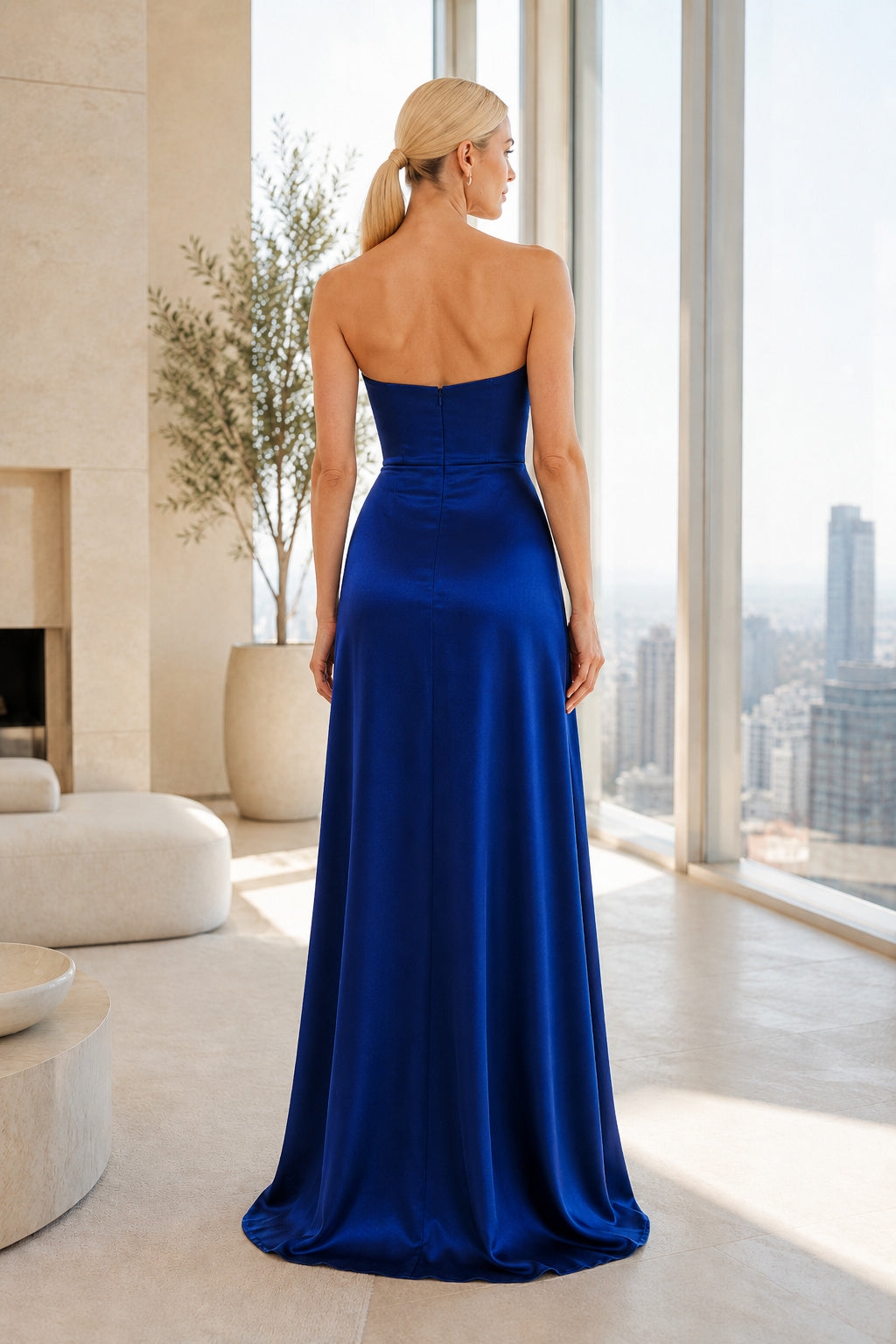 Evening Gown Royal Blue Satin Sheath Strapless Floor Length back view