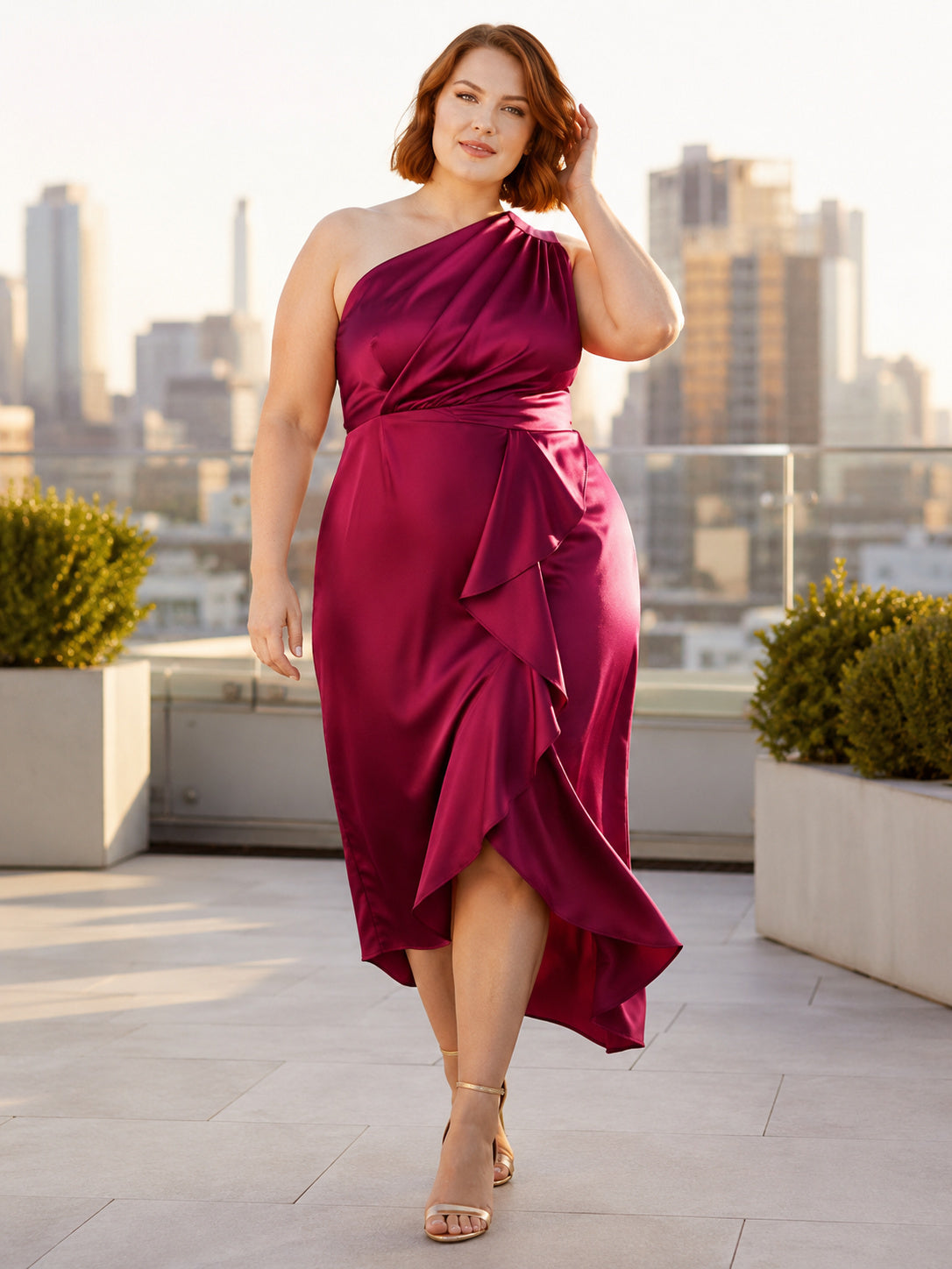 Magenta one shoulder satin wrap midi plus size dress front view