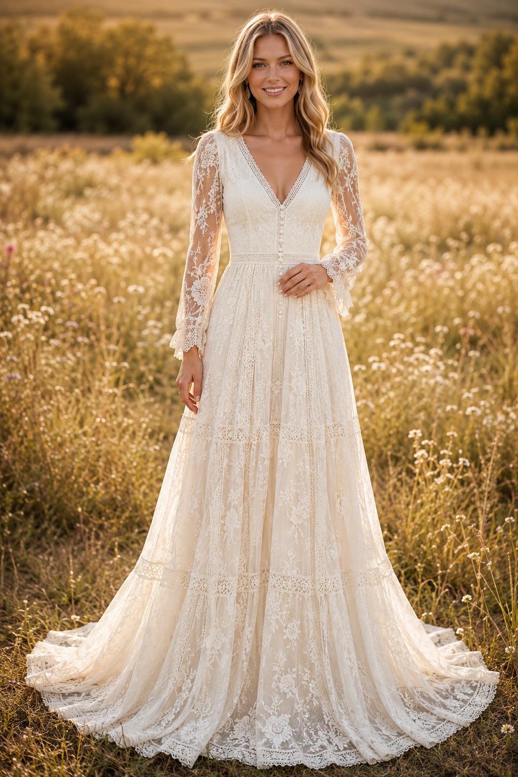 Ivory V-Neck Long Sleeve Lace A-Line Wedding Dress Keyhole Back for Wedding Ceremony and Reception front view