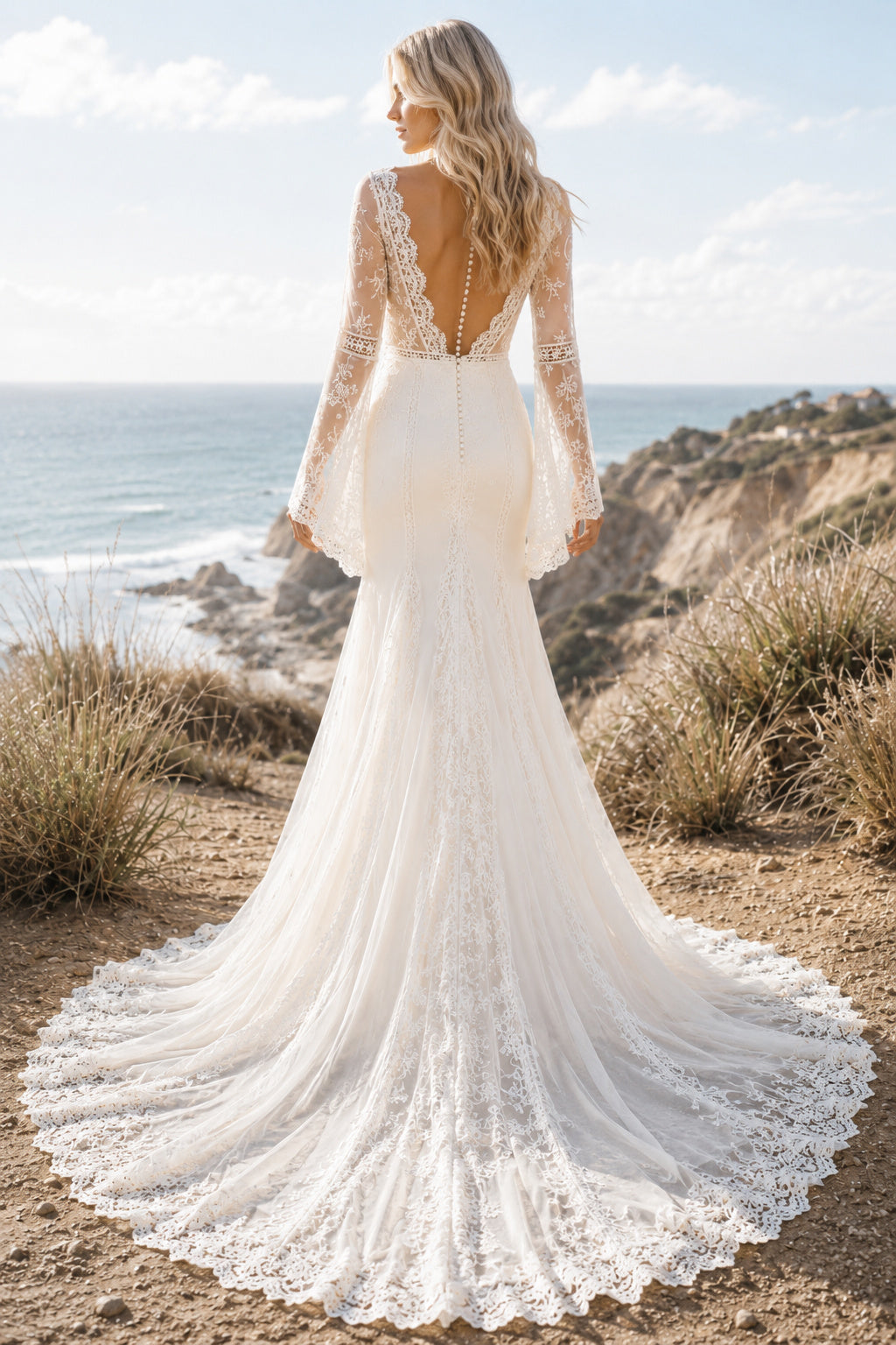 Ivory Long Bell Sleeve V-Neck Lace Mermaid Wedding Dress Train for Wedding Ceremony and Reception Style MG_701465 back view