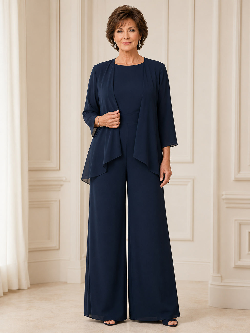 Mother Dark Navy Chiffon Jumpsuit with Jewel Neck Asymmetric Jacket and Wide Leg Pants front view